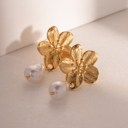 Minimalist Flower Design Earrings with Pearl Drops