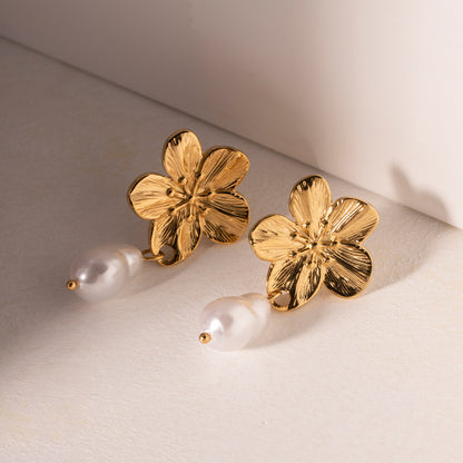 Minimalist Flower Design Earrings with Pearl Drops