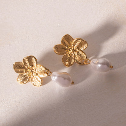 Minimalist Flower Design Earrings with Pearl Drops