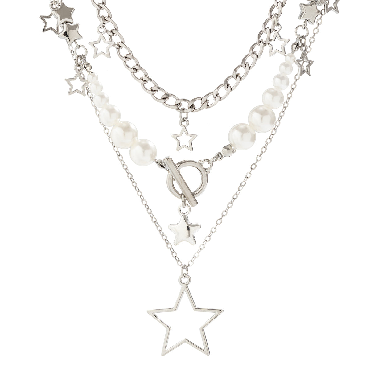 Three-Layer Women's Necklace with Cute Star and Pearl Design