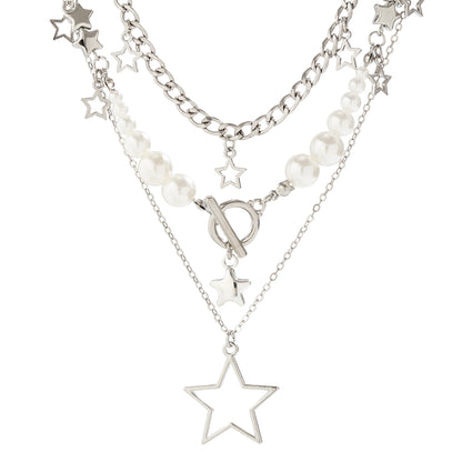 Three-Layer Women's Necklace with Cute Star and Pearl Design