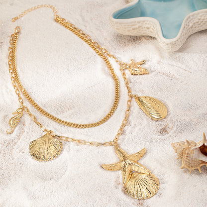 Ocean-Inspired Layered Necklace: Starfish, Shell, and Hippocampus Motifs