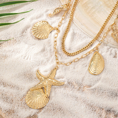 Ocean-Inspired Layered Necklace: Starfish, Shell, and Hippocampus Motifs