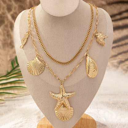 Ocean-Inspired Layered Necklace: Starfish, Shell, and Hippocampus Motifs